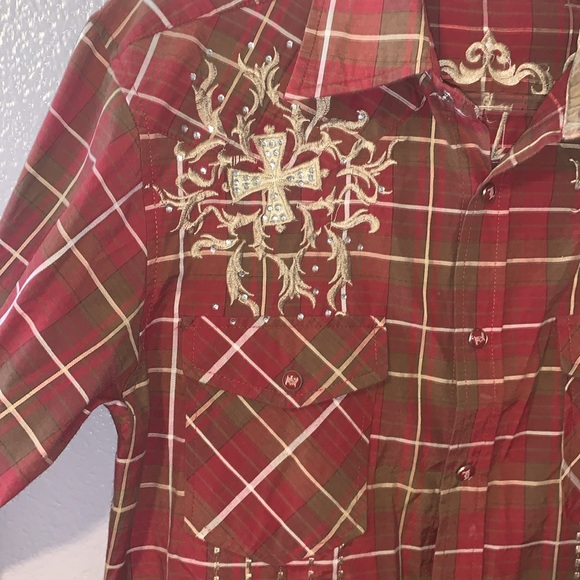 Lamasini Western Red Plaid snap Sequined Cross Embroidered Button Down Shirt - Picture 5 of 9